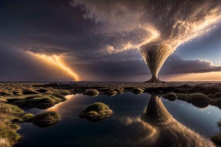 magical fantasy tower, the sky is a dark mirror of the mushrooms of variegated colors forest, a flock of parrots of variegated colors incurs, the sun filters through the surface forming a reflection, high resolution, deep field, high detail, masterpiece, tall mushrooms, thunderstorm in deep background