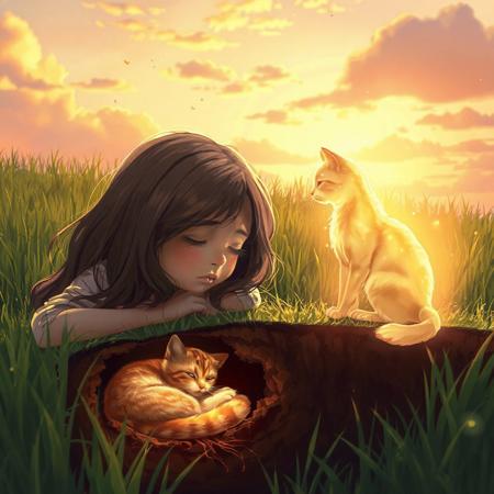 A heartfelt, semi-realistic digital illustration capturing a poignant moment in a lush, verdant grassy field under a serene, golden-hour sky with hues of amber and soft pink. A young girl, with flowing hair and a delicate, melancholic expression, lies on her stomach, her ear gently pressed to the cool, dew-kissed ground, eyes closed as if listening to a distant memory. Her face reflects quiet sorrow and love, with subtle tears glistening at the corners of her eyes. Below the surface, a detailed cutaway view reveals a beloved cat, curled up peacefully in rich, loamy soil, surrounded by warm earth tones of umber and sienna, with faint roots weaving around it, symbolizing eternal rest. (((Next to the girl, the glowing, ethereal spirit of the same cat sits upright, its translucent form radiating a warm, golden light that shimmers like fireflies, lovingly rubbing its head against the girl's shoulder in a tender, comforting gesture. The cat's spirit has soft, defined fur patterns glowing faintly, mirroring its earthly form))). The scene is enveloped in a dreamy, nostalgic atmosphere, with delicate light rays filtering through scattered clouds, casting a gentle glow on the grass and the girl's serene face. The artwork features vibrant yet tender colors, with intricate textures in the grass blades, soil layers, and the cat's fur, emphasizing a profound emotional connection between the girl and the cat's spirit, evoking themes of love, loss, and enduring memory.
