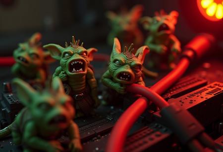 red alert light, high definition 3d render cgi movie with rimlight and sharp high resolution textures and hitech modern shading, many tiny green goblins from a dungeons and dragons adventure are behind a pc case chewing biting a red cable, gnawing on cable with sharp teeth
