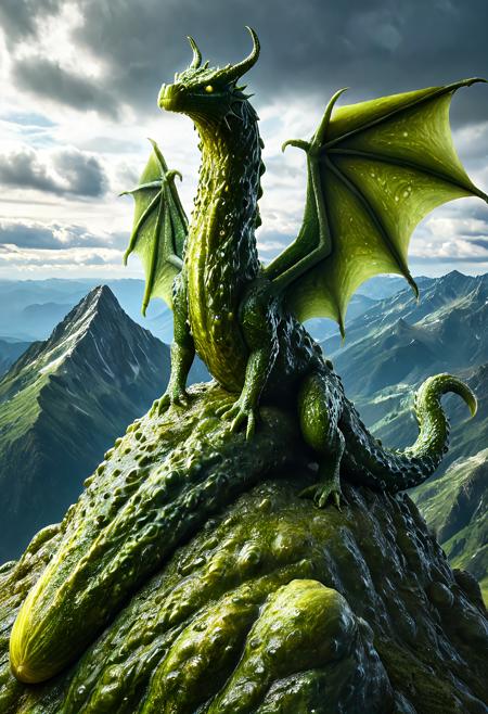 , dvr-pckl, mighty fantasy dragon with glistening pickle-scale skin, wrinkled bumpy textures, deep green hues with golden highlights, glowing eyes, majestic pose on mountain top, atmospheric lighting, ultra texture realism, dramatic sky, fantasy illustration in 8k