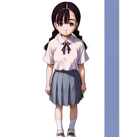 SecretaryTsuda,1girl,black hair,bangs,twin braids,brown eyes, school_uniform,short_sleeves, pleated_skirt, one-piece tan,