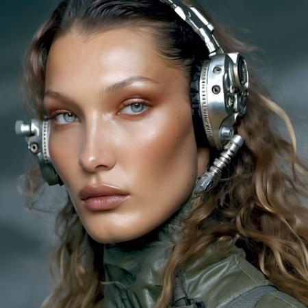 bellahadid <lora:bellahadid_lora_xl:1> (fashion 1.3) photo of a vivacious woman a Supermodel, Striking eyes, voluminous thick wavy hair, lipgloss, wearing intricately detailed tactical clothing, looking at viewer, seductive expression, (upper body shot:1.3) Studio lighting, shot using a Hasselblad 500CM on Fujicolor Pro film in the style of (Hans Bellmer:1.1) High detail, intricate, detailed face, detailed eyes, detailed skin, Golden Section,