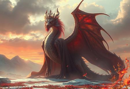 "Create a captivating, high-definition digital illustration, inspired by the golden ratio, featuring a Dragon Queen with a tragic backstory. Set the scene on a land of frozen flames, with a looming, long-caped creature in a red, brown, and white color scheme, inspired by Abidin Dino's art style. The Dragon Queen, who is a BBW, should be crowned, with delicate features and a pointed chin. The image should be featured on Art Station and AmiAmi, with a dynamic, dramatic, cinematic lighting and an arthouse feel reminiscent of Henri Cartier-Bresson's work. Consider incorporating elements such as distant realistic mountains, an ocean, and a field of flowers, rendered using Octane, Maya, and Blender, with a 2D game art or concept art feel."