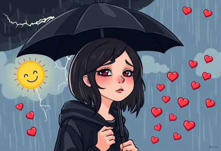 cartoon style, a 18 years old woman goth makeup sad with a raincoat and a black umbrella a black storm with thunder insisde the umbrella a sunny day with a sun with a smile and many small red hearth shaped candies falling from sky