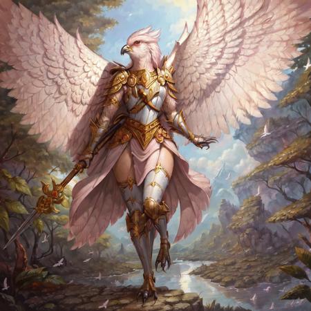 masterpiece, best quality,((solo)),  painting of Aven  a Light Pink bird woman  wearing armor, medieval setting,  in a forest, night, folded wings, walking <lora:Aven:0.85>