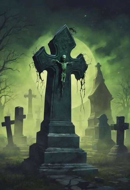 A moonless night in the cemetery, a cracked tombstone, a twisted zombie's arm with claws and talons sticking out of the ground, an ominous fog, flickering lights, a greenish glow