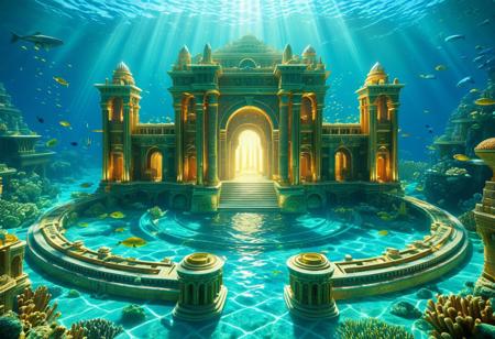 Neo-Designed, Centered, The Lost Golden City Of Atlantis, Underwater, Aqua, refined, defined, highly detailed, 3D CGI, Cell-shading, refined, defined, intricately detailed, follow negative prompts,