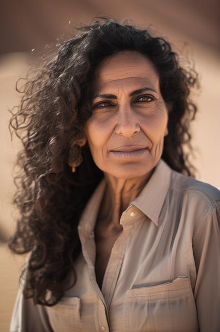 professional portrait photo of real 55 year old egyptian woman wearing a shirt in desert, realistic skin, high quality, film grain, sharp focus on body, natural hair