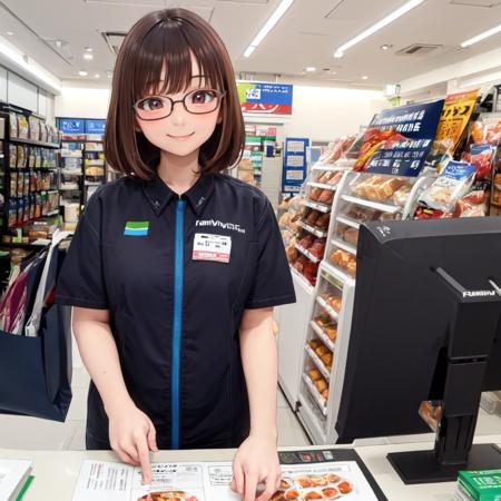 masterpiece, best quality, ultra-detailed, illustration,
famimaU, employee uniform, japan, id card, uniform, name tag, shirt,
1girl, glasses, brown hair, smile, looking at viewer, 
famima, scenery, indoors, japan, shop, shirt, food, cashier, monitor,
<lora:FAMIMA_scenery_SD15_V1:0.8>