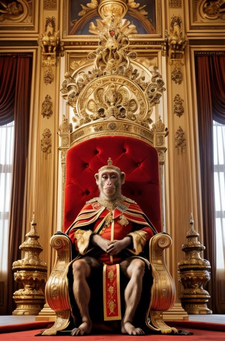 A monkey monarch, wearing royal clothes, sitting at the royal throne, in a massive royal palace,  wide angle, 120 FOV lens <lora:add_detail:0.7> <lora:VisionaryVerse-SD15:0.7>