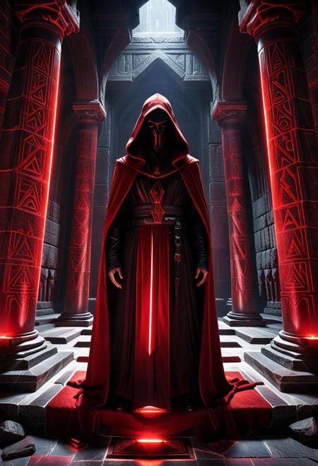 score_9, score_8_up, score_7_up, score_6_up, score_5_up, score_4_up, (absurdres, best quality, masterpiece:1.4), illustration, photorealistic, cinematic lighting, dynamic angle, perfect composition, ancient Sith architecture, dark altar, red crystals, Sith robes, stone walls, eerie lighting, arcane symbols, hooded figure, forbidden knowledge, shadowed temple, ancient