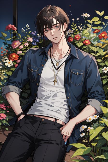 masterpiece, best quality, 1 male, adult, mature, tall, broad shoulders, handsome, intricate details, a man lying in a flower garden, casual clothes, dutch angle