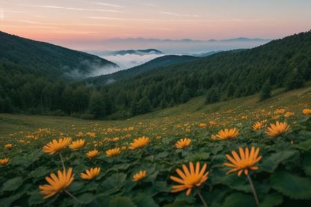raw photo, a sunset landscape, Carpathian mountains valley temperate forests, Poland forest,  cozy, photorealistic, high detailed texture, 8k uhd, dslr, soft lighting, high quality, film grain, Fujifilm XT3, Sony A7 IV, highly detailed photography, (muted colors, cinematic, dim colors, soothing tones:1.2), vibrant, insanely detailed, hyperdetailed, (dark shot:1.2), (vsco:0.3), (intricate details:0.9), (hdr, hyperdetailed:1.2) (highest coherency: 1.39) (highest quality: 1.39) (rule of Thirds) (award winning) (breathtaking) (masterclass) (vibrant color: 0.79) (foggy: 1.09) (distant hillside) (spring flowers) (sharp focus forground) (detailed flower: 1.39)