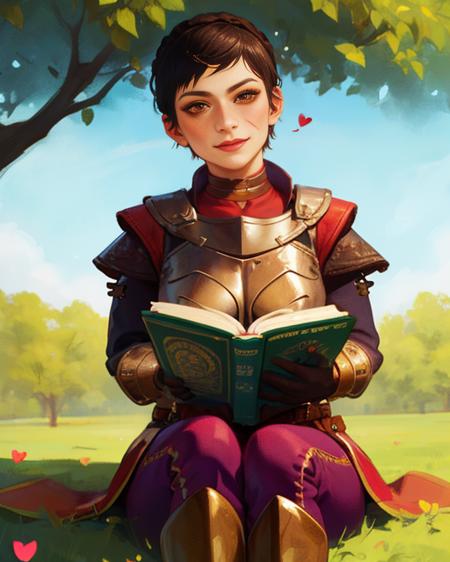 Cassandra,brown eyes,freckles, scar on cheek, very short black hair ,makeup, solo,  close up,  smiling, reading a romantic novel with hearts on cover,, blushing,  looking at book,  looking down,
CasAr,brown gauntlets,breastplate,belt,armored boots, red shirt with purple sleeves, stitched purple pants,
outside, under a tree, shade,  sitting on grass,
(insanely detailed, beautiful detailed face, masterpiece, best quality)    <lora:Cassandra:0.7>