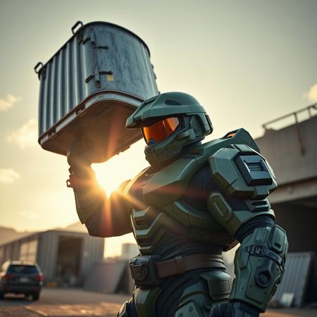 cinematic super realistic stunning visuals, Master Chief (from Halo) powerlifting a huge military metal supply container with one arm, extreme weightlifting, full body, low angle, showing off, heroic pose, wearing his green helmet and iconic power armor, extremely detailed, working out, open military base background, lens flare, color palette is warm and rich in saturation and contrast.
