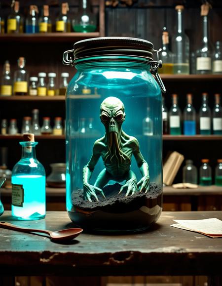 A high-resolution photograph featuring a surreal, horrific half-human squid hybrid cthulhu monster creature inside a large, glass jar with a metal lid and wire lock, the small but frightening and fierce creature contained inside the large glass jar resembles a [blocked word] squid hybrid with a human, the creatures looks like cthulhu, it has eyes like a squid, creature that has squid head and large, round eyes with unusual pupils, looking menacingly at the viewer. Small but frightening and fierce creature in the dark laboratory of a human mad scientist from 1955,  orderly but full shelves line the walls with inscrutable tools and jars and test tubes filled with odd colored fluids and small alien objects. Jar of monsters in the foreground and lab space in the background. lum1, g0thicl1nes,cthulhu in a jar,