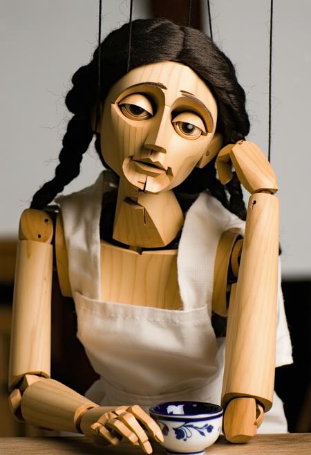 A weathered oak marionette, joints cracked with age, slumps inert at a splintered table, backlit by a dusty amber shaft piercing attic gloom. 
Caravaggio-inspired chiaroscuro carves its hollow face: knotted grain, chipped paint eyelids. Monochrome mahogany tones clash with spectral cobalt shadows cast by tangled threads. miniature porcelain teacup, rests near wooden fingers.
Mood: haunting, arrested agency.