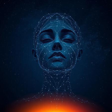 The image is a digital art piece that appears to be a portrait of a woman's chest and face. The background is a dark blue night sky with many small white stars and nebulae scattered throughout. The person's head is covered in a network of lines and dots, creating a futuristic and abstract design. The lines are arranged in a way that creates a sense of depth and dimension, while the dots are scattered throughout the image.
A bright orange and yellow gradient glow is visible at the bottom.