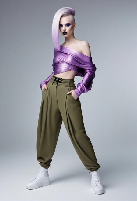 The image is a high-resolution photograph of a person with a striking, avant-garde hairstyle and fashion style. The subject is a young woman with a pale complexion and a bold, futuristic hairstyle. Her hair is styled in a dramatic, asymmetrical fashion, with one side shaved close to the scalp and the other side styled in long, straight strands that transition from a base of platinum blonde to a vibrant, electric purple at the ends. The image is a high-resolution photograph featuring a woman with a striking, avant-garde hairstyle and makeup. She has long, straight hair that is dyed a pastel pink color with subtle lavender highlights. Her hair is styled in a blunt, straight cut with bangs that cover her forehead. The most striking feature is the hair extensions, which are made to look like a cascade of shimmering, iridescent strands, creating a mesmerizing, almost ethereal effect. The image is a photograph of a stylish individual standing in a modern, minimalist living space. The person is dressed in a chic, avant-garde outfit. They are wearing a long-sleeve, off-the-shoulder, olive-green top that fits snugly and a pair of high-waisted, voluminous, olive-green pants with ruched fabric, creating a dramatic, textured effect. The pants are paired with white sneakers with black laces and a casual, laid-back vibe.