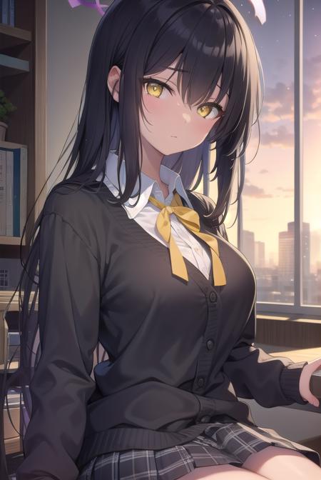 bluearchivekarin, <lyco:karin-lyco-nochekaiser:1>, 
karin, ahoge, black hair, dark skin, dark-skinned female, halo, long hair, (yellow eyes:1.5),
BREAK cardigan, neck ribbon, pleated skirt, ribbon, school uniform, skirt, blue cardigan, 
BREAK looking at viewer, 
BREAK indoors, classroom,
BREAK <lyco:GoodHands-beta2:1>, (masterpiece:1.2), best quality, high resolution, unity 8k wallpaper, (illustration:0.8), (beautiful detailed eyes:1.6), extremely detailed face, perfect lighting, extremely detailed CG, (perfect hands, perfect anatomy),