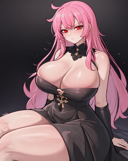 pink hair, long hair, red eyes, serious, large breasts, black dress, strapless dress, short dress, sleeveless, <lora:Dedalo:0.7>