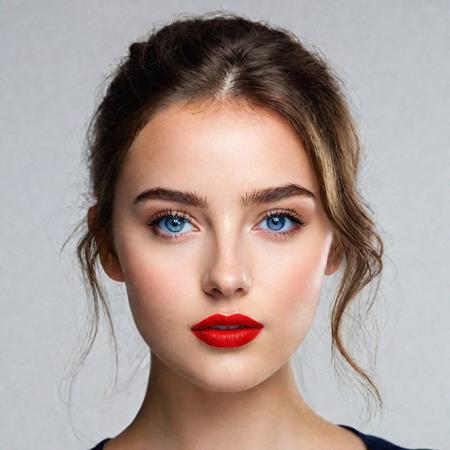 best quality, beautiful , 20 year old 
 european  woman, brown hair, (full face portrait:1.2), face portrait, detailed face,  dark black blue eyes ,rounded  head,red lipstic, hyper realistic, (facing camera), (looking into the camera), studio portrait, natural lightning, perfect shadows, (white background:1.1)