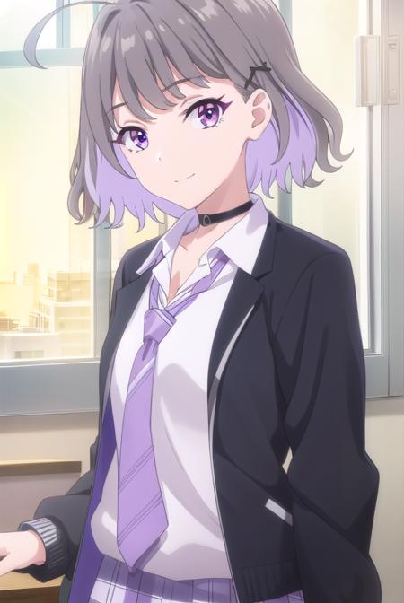 akaritanikita, <lora:akari tanikita s1-lora-nochekaiser:1>,
akari tanikita, short hair, bangs, (purple eyes:1.1), grey hair, multicolored hair, ahoge, smile,
BREAK skirt, shirt, school uniform, white shirt, short sleeves, pleated skirt, necktie, shoes, choker, socks, striped, collared shirt, black footwear, blue skirt, plaid, black choker, plaid skirt, black socks, sneakers, purple skirt, shirt tucked in, striped necktie, purple necktie,
BREAK indoors, classroom,
BREAK looking at viewer, (cowboy shot:1.5),
BREAK <lyco:GoodHands-beta2:1>, (masterpiece:1.2), best quality, high resolution, unity 8k wallpaper, (illustration:0.8), (beautiful detailed eyes:1.6), extremely detailed face, perfect lighting, extremely detailed CG, (perfect hands, perfect anatomy),