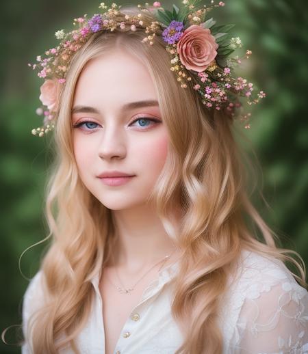 <lora:memeless:0.7> a girl 22 y.o, (stands at full height in a half-turn:1.5), blonde, flowers in her hair, smile, intricate details, hyperdetailed, (cinematic look:1.4), soothing tones, insane details, intricate details, hyperdetailed, low contrast, soft cinematic light, dim colors, exposure blend, hdr, faded, slate gray atmosphere