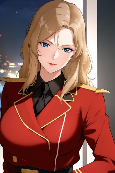 (Night:1.7), Japan, Tokyo, CityView, Before Window,
Standing at attention,
red uniform,military, military uniform, Black shirt,black necktie,
 <lora:Nanai_Miguel_0093-KK77-V1:0.7>,
blonde hair,blue eyes,Long hair,lipstick,
1 girl, 24yo,mature female,Beautiful Finger,Beautiful long legs,Beautiful body,Beautiful Nose,Beautiful character design, perfect eyes, perfect face,
looking at viewer, in the center of the image,(Upper_body),(Focus on her face),
NSFW,official art,extremely detailed CG unity 8k wallpaper, perfect lighting,Colorful, Bright_Front_face_Lighting,
(masterpiece:1.0),(best_quality:1.0), ultra high res,4K,ultra-detailed,
photography, 8K, HDR, highres, absurdres:1.2, Kodak portra 400, film grain, blurry background, bokeh:1.2, lens flare, (vibrant_color:1.2)
(Beautiful,large_Breasts:1.0), (beautiful_face:1.5),(narrow_waist),