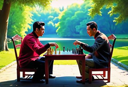 score_9, score_8_up, score_7_up, score_6_up, masterpiece painting, use the paint style of Gu Kaizhi combined with Rembrandt:1.5, ''two men playing chess in the park'' hyperdetailed, hyperrealistic, vivid colors, Ultra High Definition 64K, Detailed and Intricate, Digital Art, Realistic, Cinematic, Studio Lighting, Beautiful Lighting