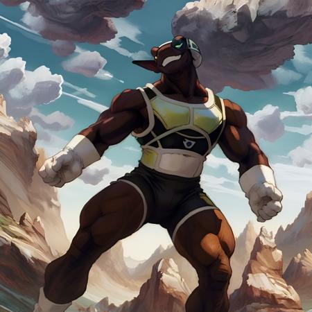 Neiz musles muscular brown skin purple skin tight bodysuit white gloves white boots scouter saiyan armor