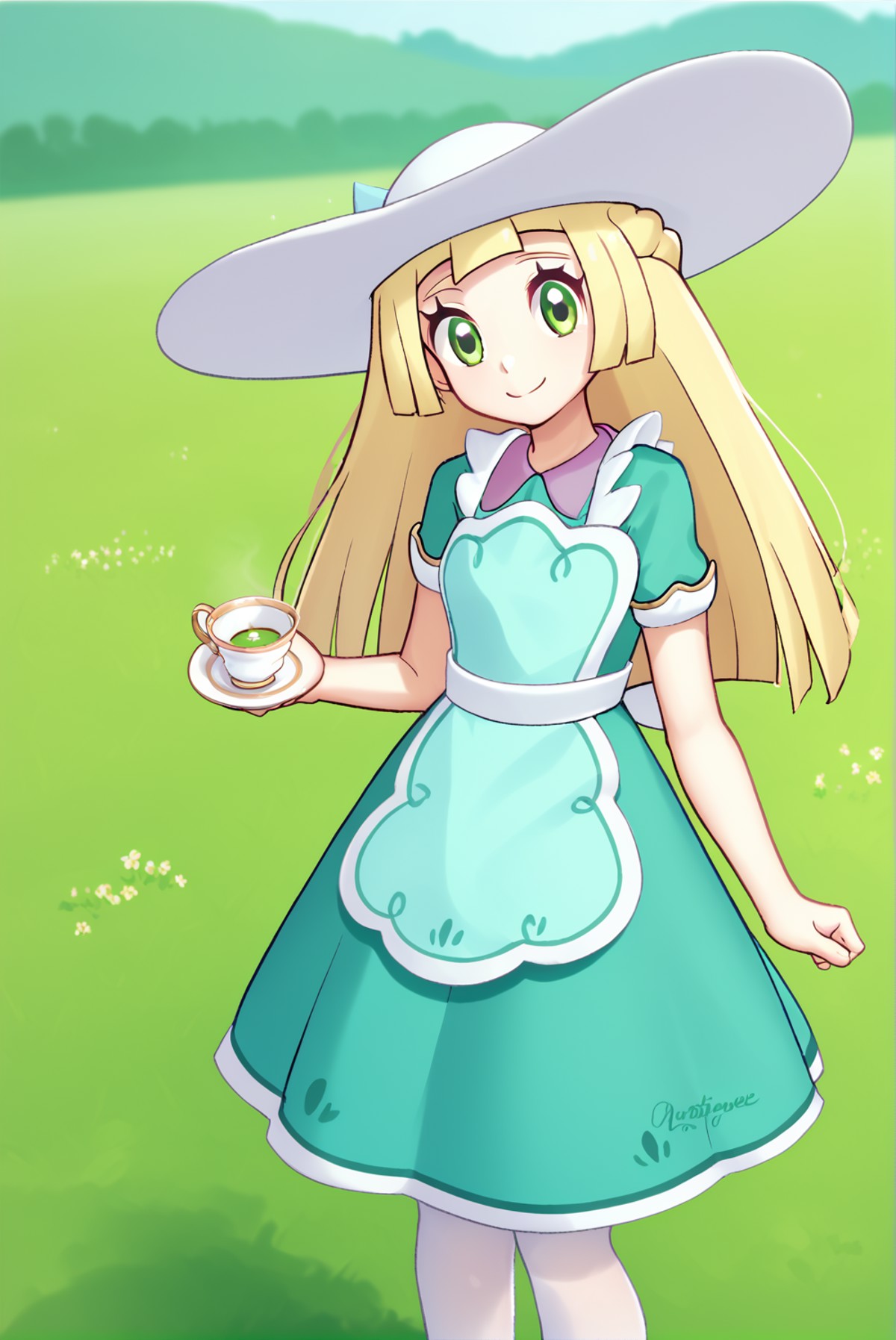 Score_9, Score_8_up, score_7_up, score_6_up, solo, 1girl, 1lillie1, blonde hair, green eyes, long hair, 6teatime6, green d...