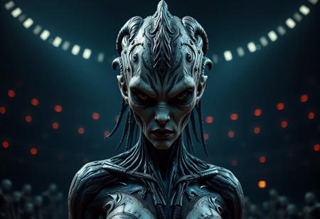 "Create a highly detailed, lifelike 3D render of a female creature on a dark arena background. The character should have the face of a pale alien cultist, with a rough but intricate design by Adam Dario Keel, incorporating biomechanics and elements of fishmen or humanoid mosquito. The character should be standing, with the face shown in sharp focus and realistic textures. Use octane render and volumetric lighting to create a grim, dark atmosphere, with a sense of realism and attention to micro details. The final image should be photorealistic and captured in 8K resolution, with a rule of thirds composition."