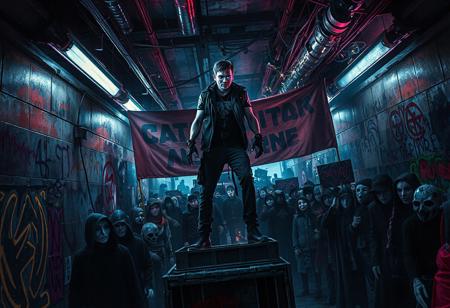 Deep beneath the polished towers of the Neon Empire, in the forgotten alleys and flickering underworld, a rebellion is born.
In a darkened subway terminal painted with holographic graffiti and the ghosts of empire, a lone rebel stands atop a crate, addressing a masked crowd.
Their face glows in the pulsing neon — defiant, scarred, half-cybernetic.
Behind them, banners ripple with anti-empire glyphs.
The crowd is diverse: former soldiers, hacked androids, cloaked data-smugglers, rogue AI priests.
Sparks fly from overhead cables; the city above doesn't know it's already cracking.
Cyberpunk underground resistance, cinematic 8K, tense shadows, neon graffiti, gritty detail, dynamic pose, dark rebellion energy.