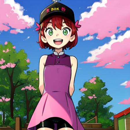 masterpiece, best quality, highres, 1girl, solo, dress, bike shorts, cowboy shot, open mouth, smile, sleeveless, purple dress, baseball cap, shorts under dress, standing, outdoors, sleeveless dress, black headwear, tongue, teeth, :d, bangs, bare arms,  <lora:KeksandraClover:1>, cherry blossom, pink sky, pink clouds,  <lora:gyokai:0.7>, arms behind back,  <lora:jcm2Style_v1:0.7>