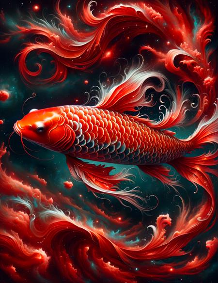 <lora:SDXLRagingNebula:1>ragingnebula, a magical koi fish|dragon swimming in a starry night sky, red nebula swirling fin, perfect composition, hyperrealistic, super detailed, 8k, high quality, trending art, trending on artstation, sharp focus, studio photo, intricate details, highly detailed,