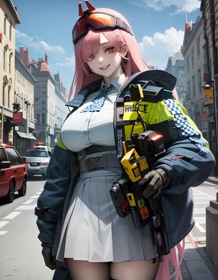 (extremely detailed CG unity 8k wallpaper),(masterpiece), (best quality), (ultra-detailed), (best illustration),(best shadow), (sharp eyeliner, eyeshadow, detailed eyes:1.1), (city background, police car,:1.2) 
,BREAK
SIGMCX, evil smile, large breasts
<lora:SIGMCX:1>