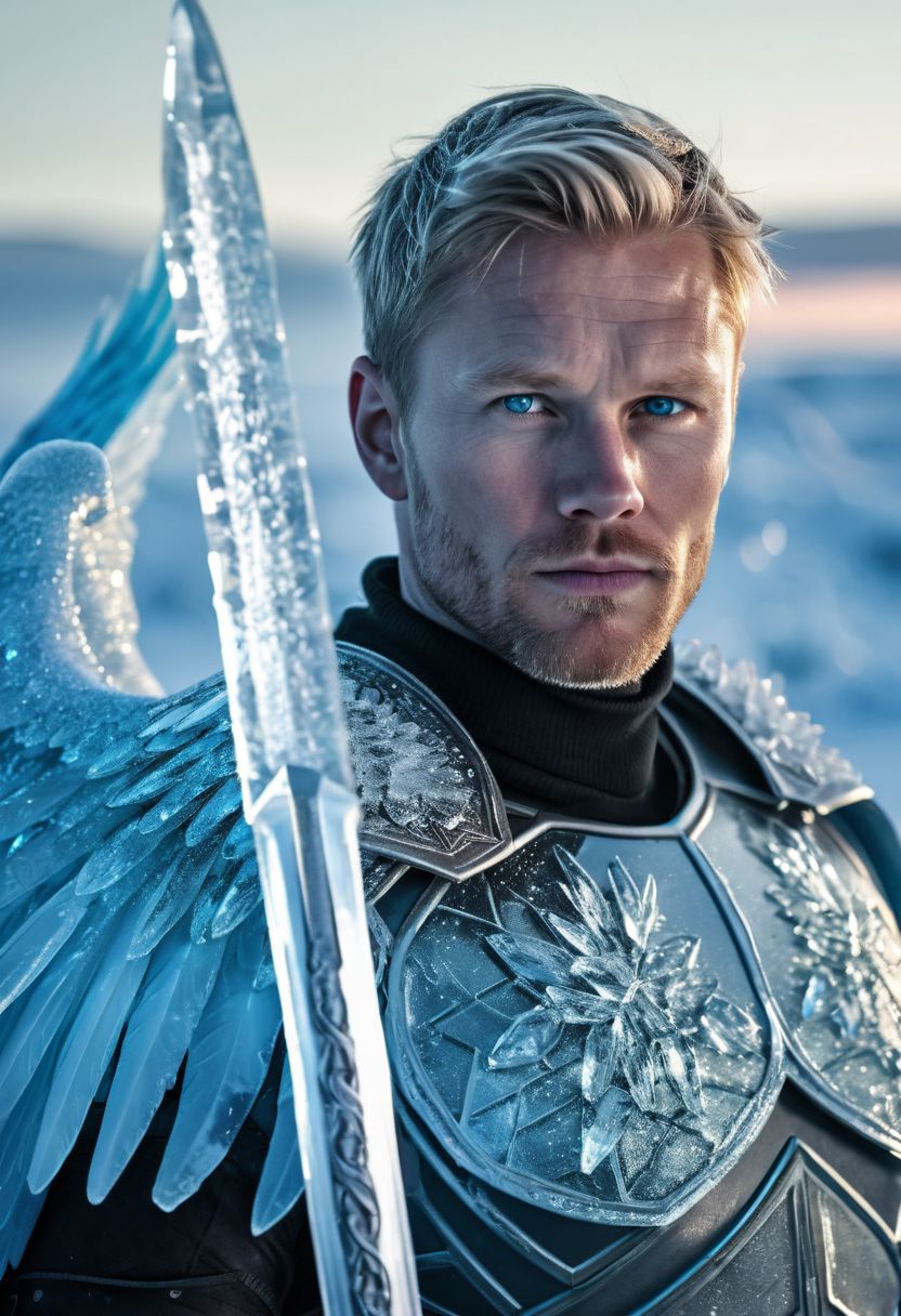 photo of 35 y.o handsome Scandinavian man, short hair, upper body, mask of translucent ice covering half of his face, detailed face, icy blue eyes, wings of ice, holding large ice sword, dynamic pose, clothes of ice, looking at viewer, ice armor, aurora borealis, high quality, sharp focus, cinematic shot, dramatic lighting