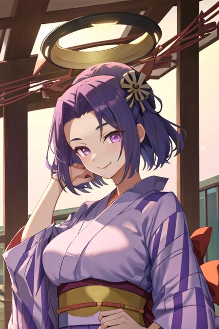 best quality, masterpiece, highres, solo, {yukata:1.40}, {kimono:1.20}, {tatsuta_kantaicollection:1.15}, purple_hair, purple_eyes, short_hair, mechanical_halo, halo, smile, breasts, large_breasts