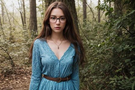 35mm film, one pretty european girl, solo, supermodel, long light brown hair, long wavy hair, pale skin, perfect face, small nose, blue eyes, lips, big tits, nice breasts, necklace, wearing glasses, jewelry, blue lace dress with belt, red stockings, white shoes, looking at viewer, looking directly at viewer, a breathtaking forest view, offering panoramic views of majestic and sweeping trees, nature light, spring season, full body, epiCPhoto, <lora:pytorch_lora_weights:0.5>, <lora:picxer_real:0.7>, <lora:FilmVelvia3:0.3>, <lora:more_details:0.6>