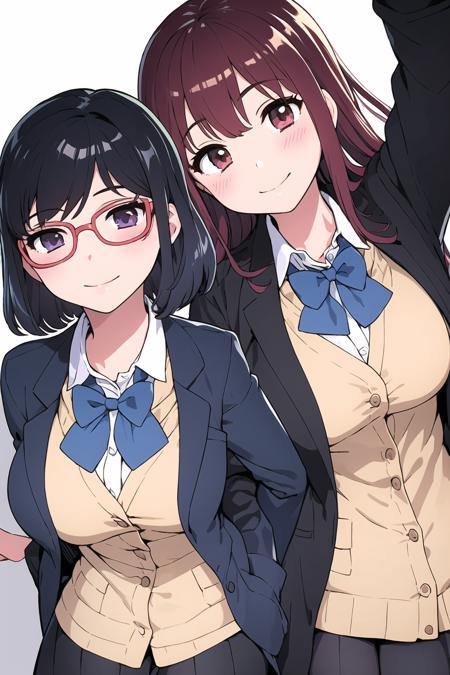 ((masterpiece)), (best quality), (detailed), (2 girls),library
AND ((masterpiece)), (best quality), (detailed), (2 girls),<lora:sno-12:0.35>,bow, bowtie,black jacket,black short hair,school uniform,glasses,smile
AND ((masterpiece)), (best quality), (detailed), (2 girls),<lora:sno-12:0.35>,bow, bowtie,black jacket,black long hair,school uniform,smile