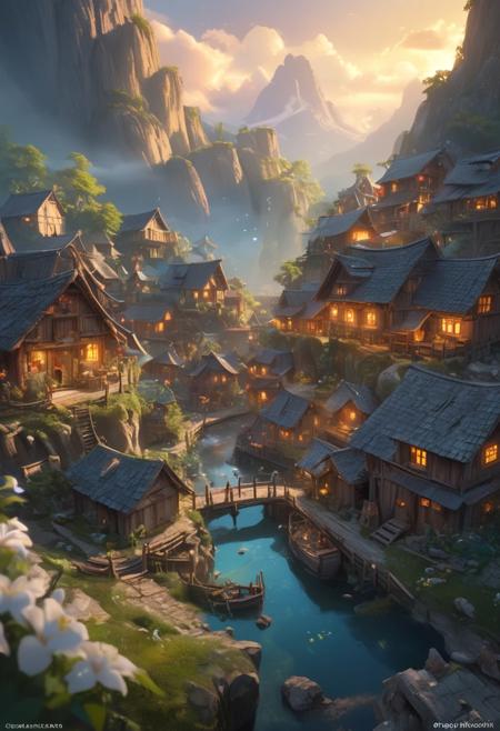 Rustic village scene immersed in an ethereal glow suggesting a heavenly realm, captured through Miki Asai Macro photography style, with a sharp focus on the intricate details, trending on ArtStation, featuring the hyper-detailed touch of Greg Rutkowski