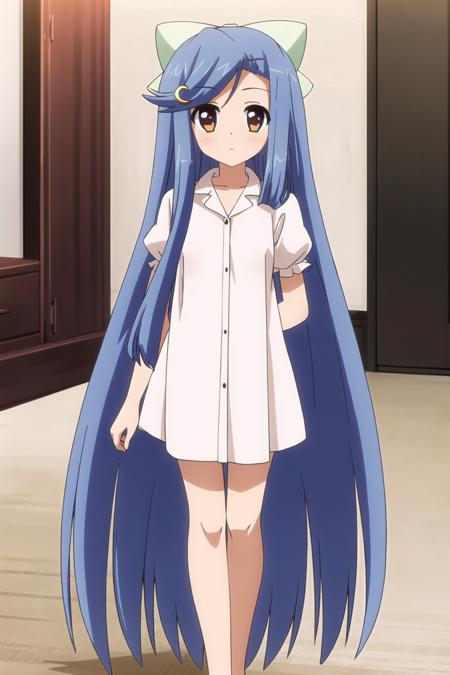 best quality,masterpiece,looking at viewer,huge filesize,full body, 
 Classic white shirtdress, <lora:007-æ¶åæç©ºçæ¡¥-è¤å éé³V2:0.7> toudou kasane,blue hair,long hair,hair ornament,hairclip,bow,crescent,hair bow,crescent hair ornament,very long hair,brown eyes,