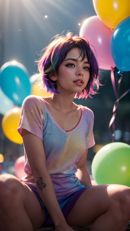 (masterpiece, best quality, highres:1.2), (photorealistic:1.2), (detailed light:1.2), (soft lighting, side lighting, reflected light), (colorful, dynamic angle), young cute girl, sitting, vibrant colors, delightful frosting, rainbow sprinkles, shimmering candies, floating around, small balloons, petite candy. Sweetness and joy, happiness, enchanting, fantastical world, fantasy, high contrast, ink strokes, explosions, over exposure, purple and red tone impression, abstract, brush strokes, negative space, bokeh, soft light passing through hair, (sharp), exposure blend, bokeh, (hdr:1.4), high contrast, (cinematic), (muted colors, dim colors, soothing tones:1.3)