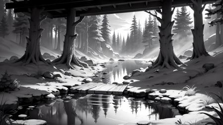 <lora:WhiteboxStyle:0.5> WhiteboxStyle Taiga Lake, Freshwater body in a coniferous forest, a mirror of calm under the setting sun  platform level monochrome