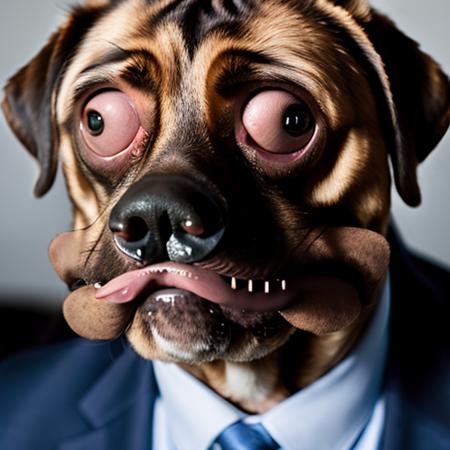 RAW photo,  dog wearing suit in  m3gust face<lora:m3gust4-000066:1>, from side , 8k uhd, dslr, soft lighting, high quality, film grain, Fujifilm XT3, simple background