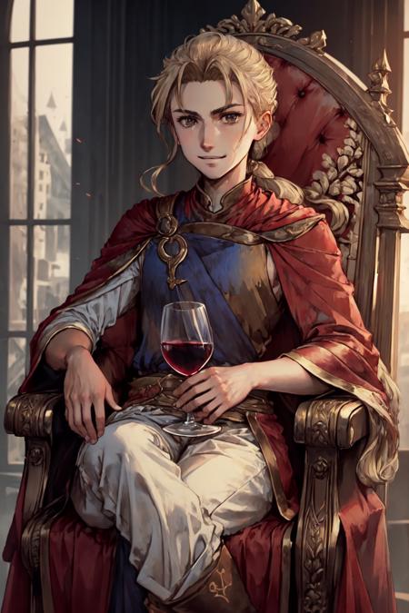 JowyAtreides,  1boy, solo,   blonde hair,low ponytail, sitting on a throne, majestic clothing, red carpet, serious look, holding a glass of wine, royal robe, evil grin,
 <lora:JowyAterides_Suikoden2V1.1:0.9>