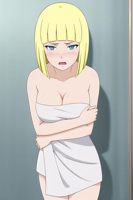 (masterpiece), high quality, (detailed background), 1girl, solo,
<lora:NarutoSamui-v3-06:0.6>, ChopioSamui, blonde hair, short hair, bob cut, blunt bangs, blue eyes, looking at viewer, 
shower, tiles, tile wall,
(nude:1), naked towel, towel, cleavage, wet, shiny, shiny skin, standing, embarrassed, open mouth, (blush:1.3),