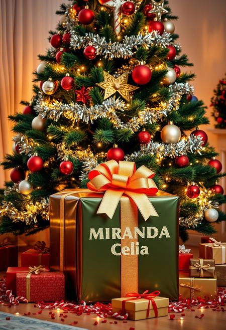 a professional slr leika photograph - A vibrant, festive Christmas scene featuring a beautifully decorated Christmas tree, adorned with shimmering tinsel, colorful ornaments, and glowing fairy lights. Beneath the tree, surrounded by a sprinkle of presents, stands a large, bold box as the centerpiece. The box is wrapped in glossy red and green paper with an oversized golden bow, prominently labeled in bold, glittering text: 'MIranda Celia.' The room is softly lit with the warm glow of the tree lights, creating a cozy holiday atmosphere.