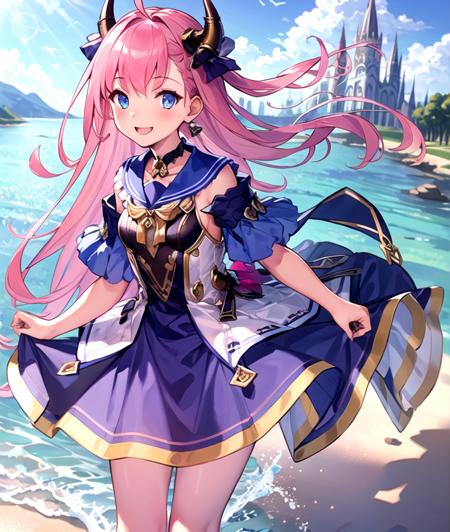 masterpiece,best quality, <lyco:C&R:0.8>,(lightful color),long pink hair,one girl,black small horns,young,solo,Rosa,blue eyes,skirt.smile,sea,blue sky